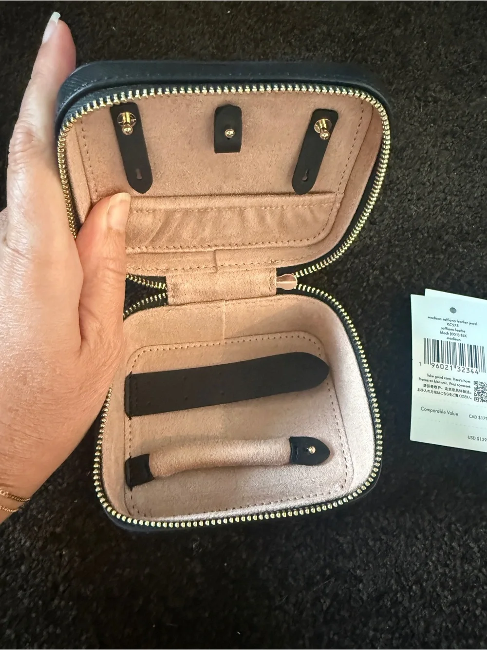kate spade saffiano leather Black and Gold Compact Jewelry Case
